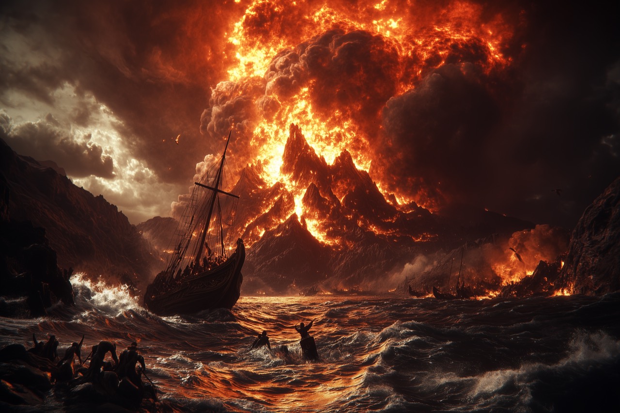 Ancient ships and small figures in violent seas beneath volcanic mountains and a burning sky