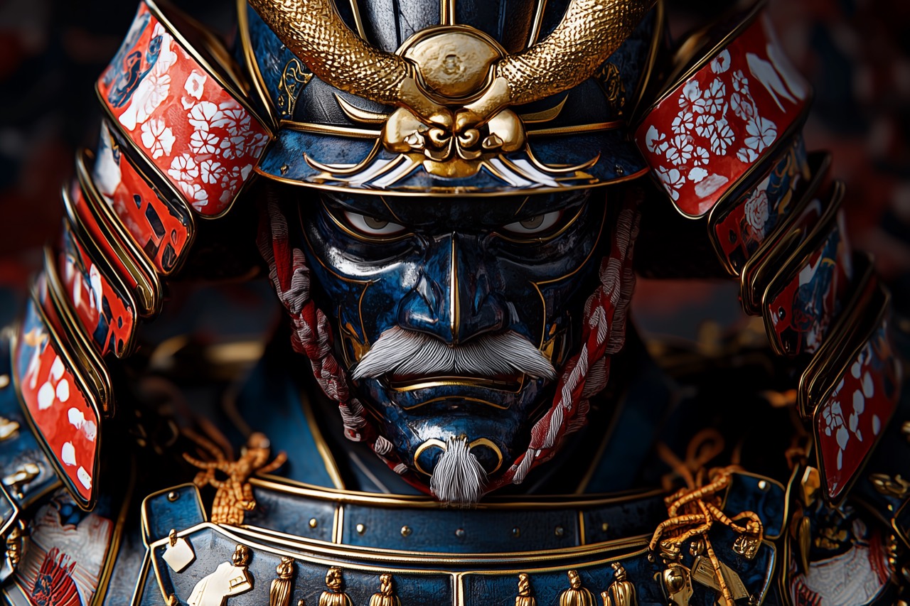 A close portrait of a masked guardian in blue lacquered armor with gold relief and red floral panels