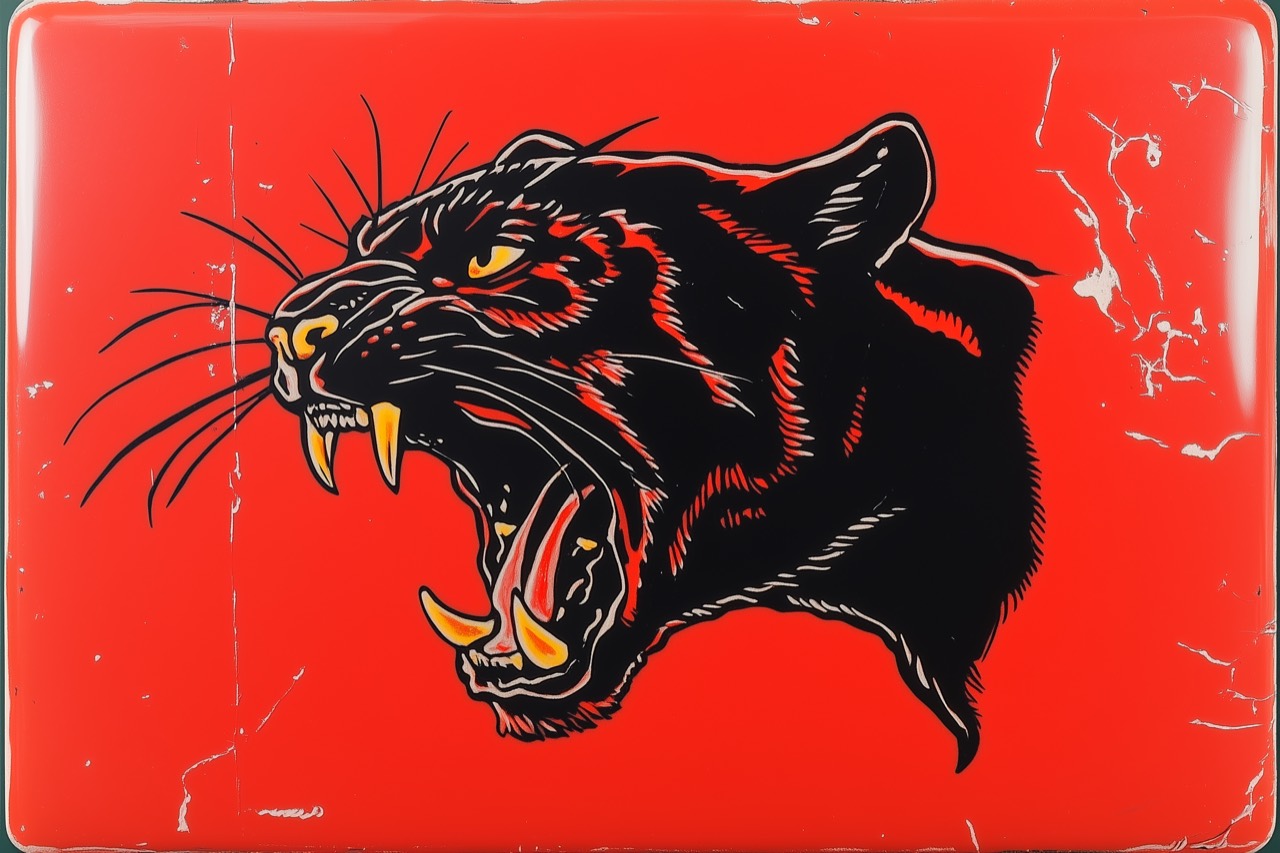 A black panther illustration on a weathered red sign