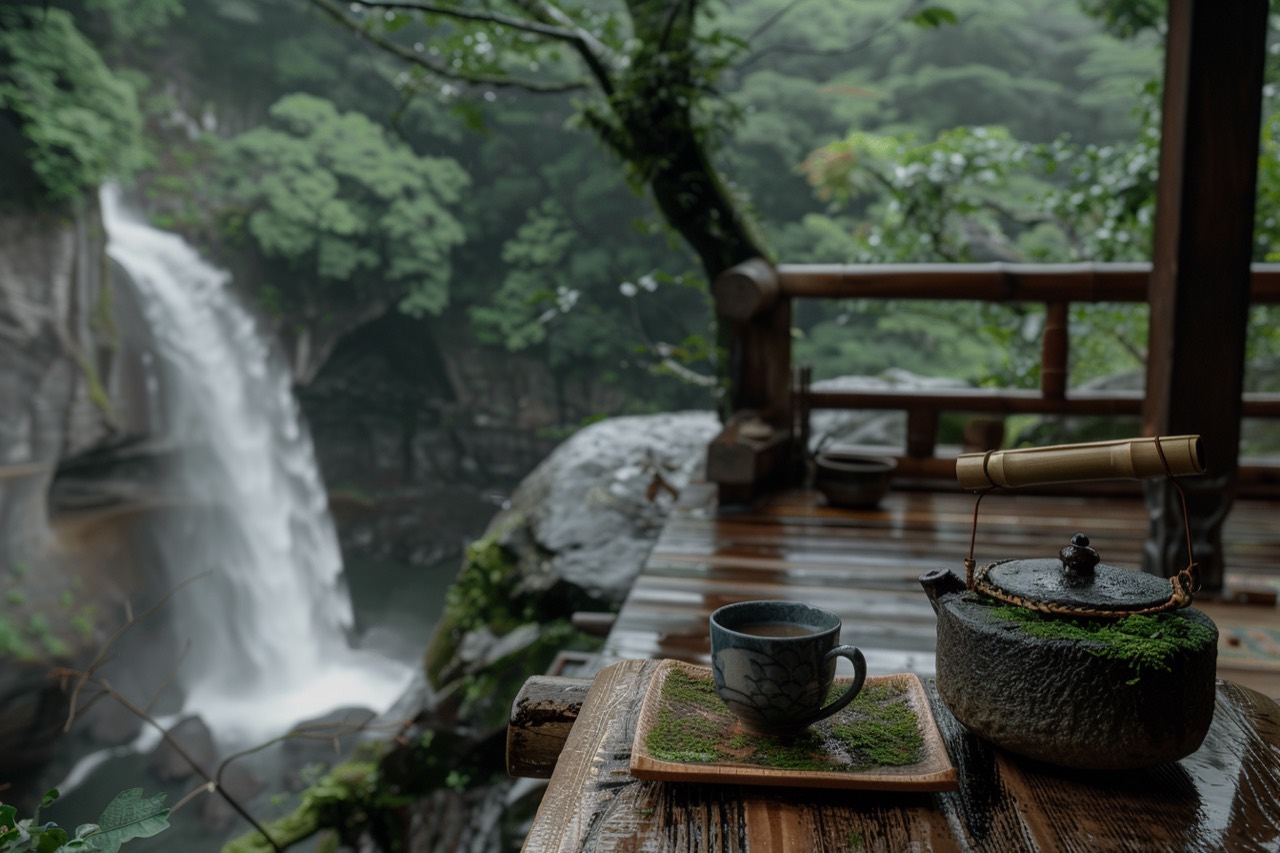 Tea beside a waterfall in a quiet forest retreat
