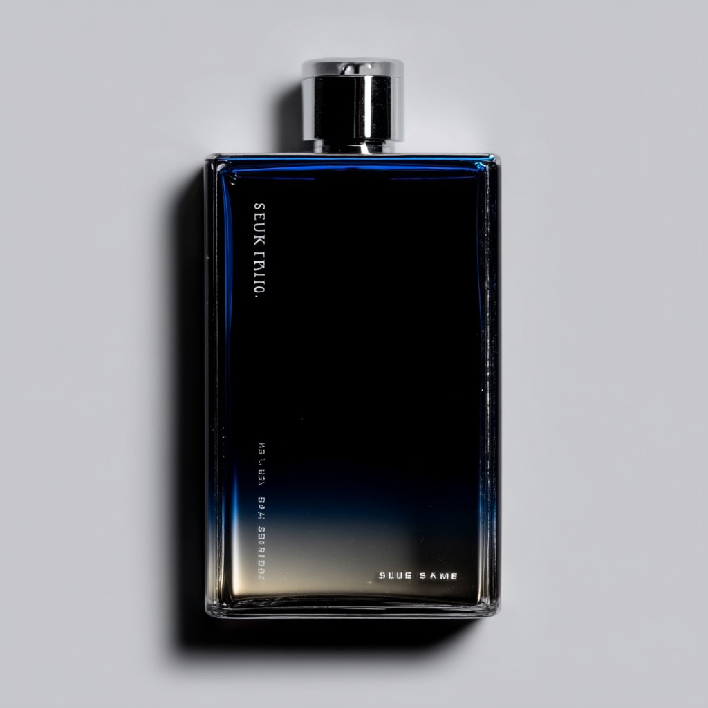 A dark rectangular fragrance bottle with blue glass edges and a chrome cap