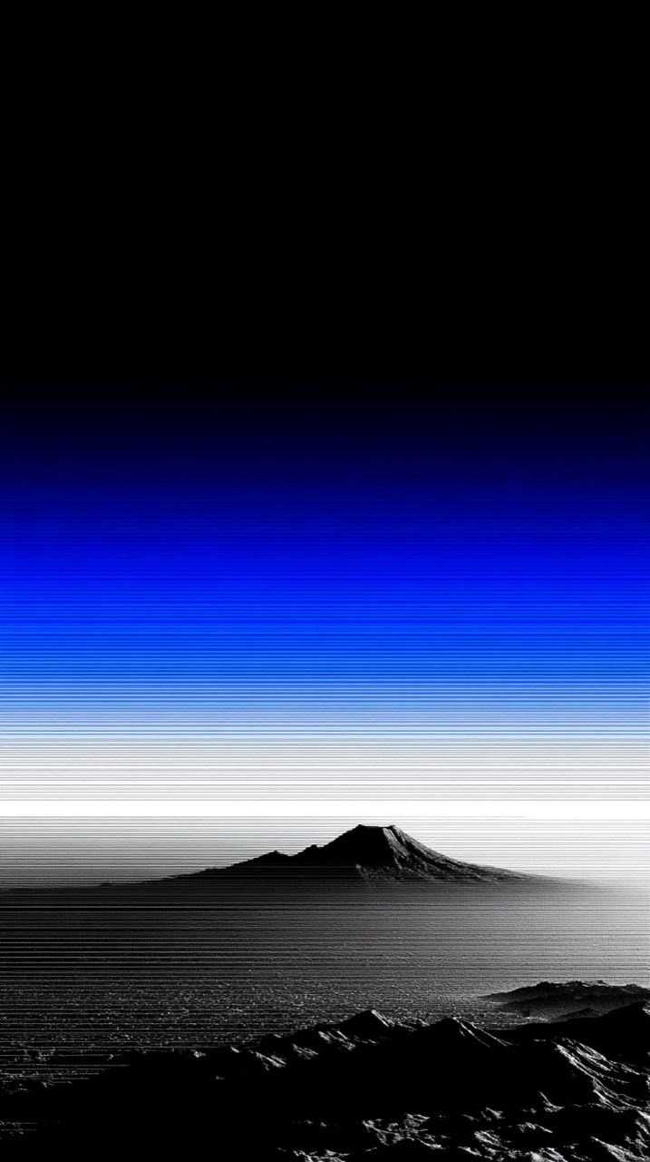 A mountainous digital landscape beneath blue light and fine horizontal scan lines