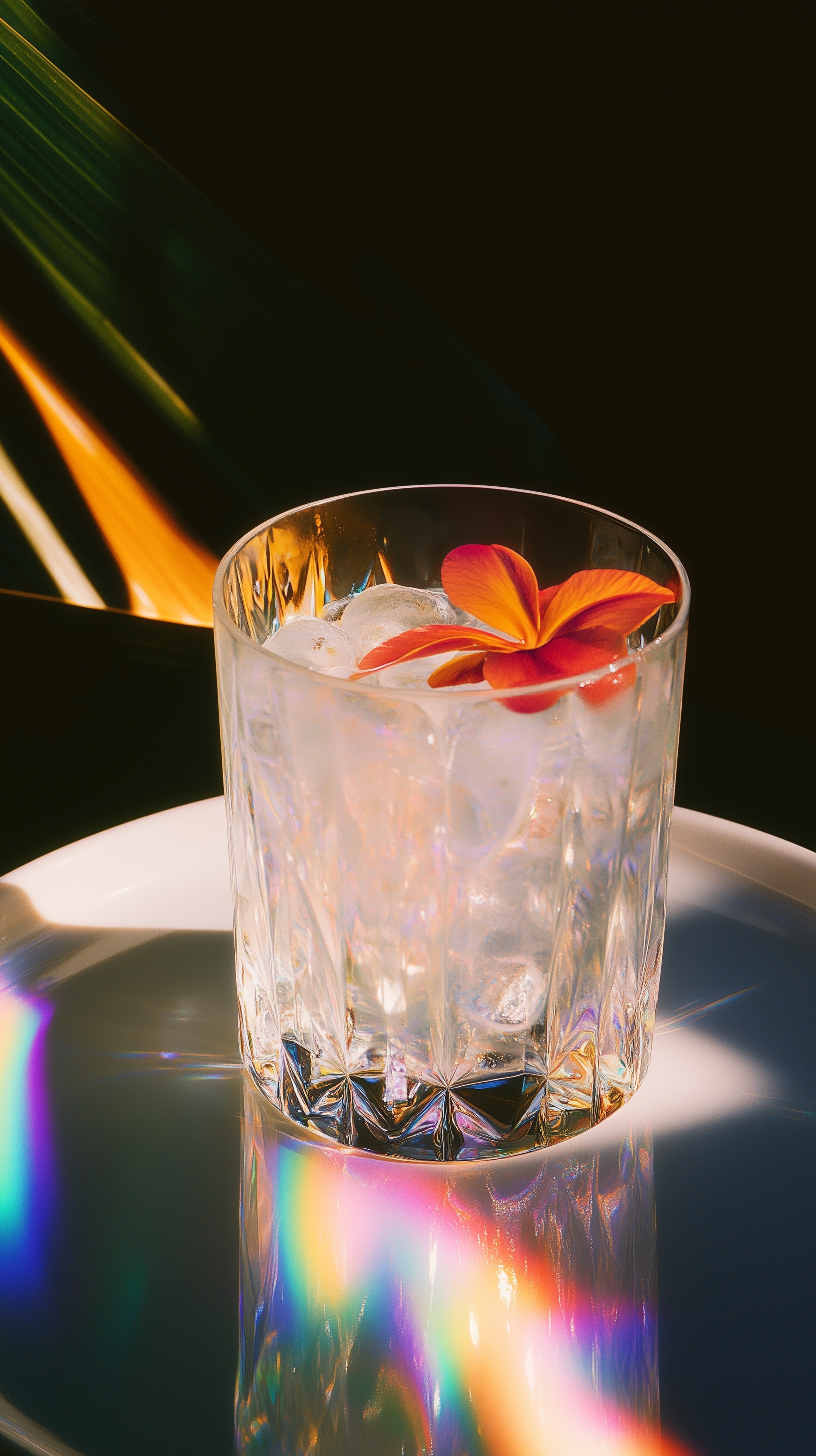 A flower-topped cocktail in warm light with refracted colors