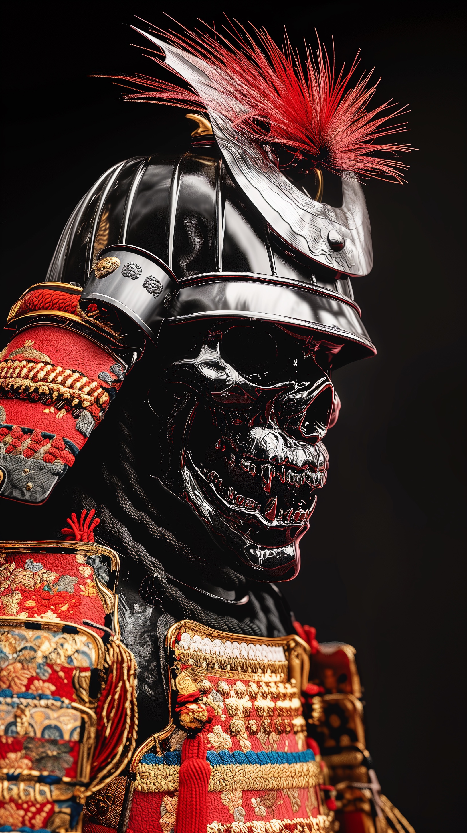 A samurai skull in detailed black and red armor